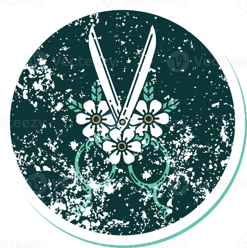 iconic distressed sticker tattoo style image of barber scissors and flowers png