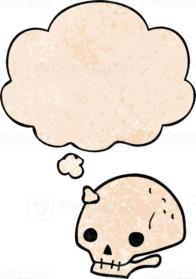 cartoon spooky skull with thought bubble in grunge texture style png