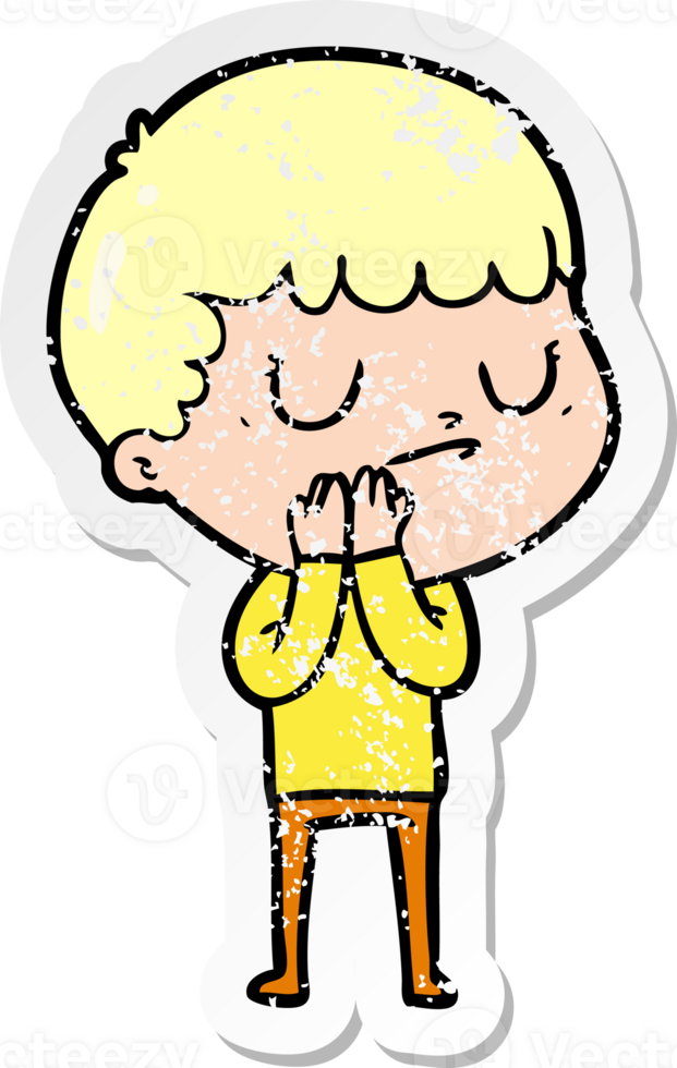 distressed sticker of a cartoon grumpy boy png