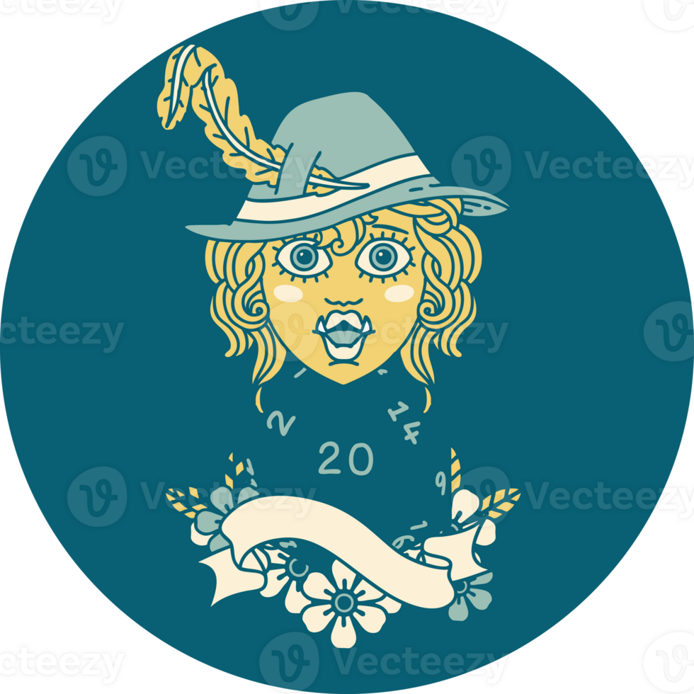 Retro Tattoo Style singing half orc bard character with natural twenty dice roll png