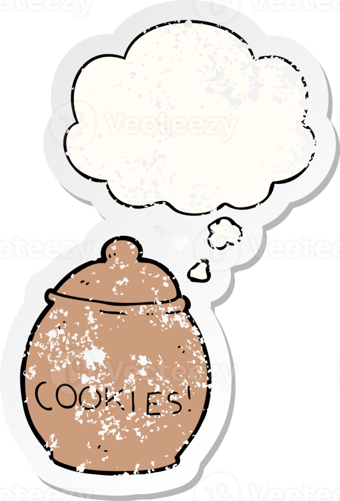 cartoon cookie jar with thought bubble as a distressed worn sticker png