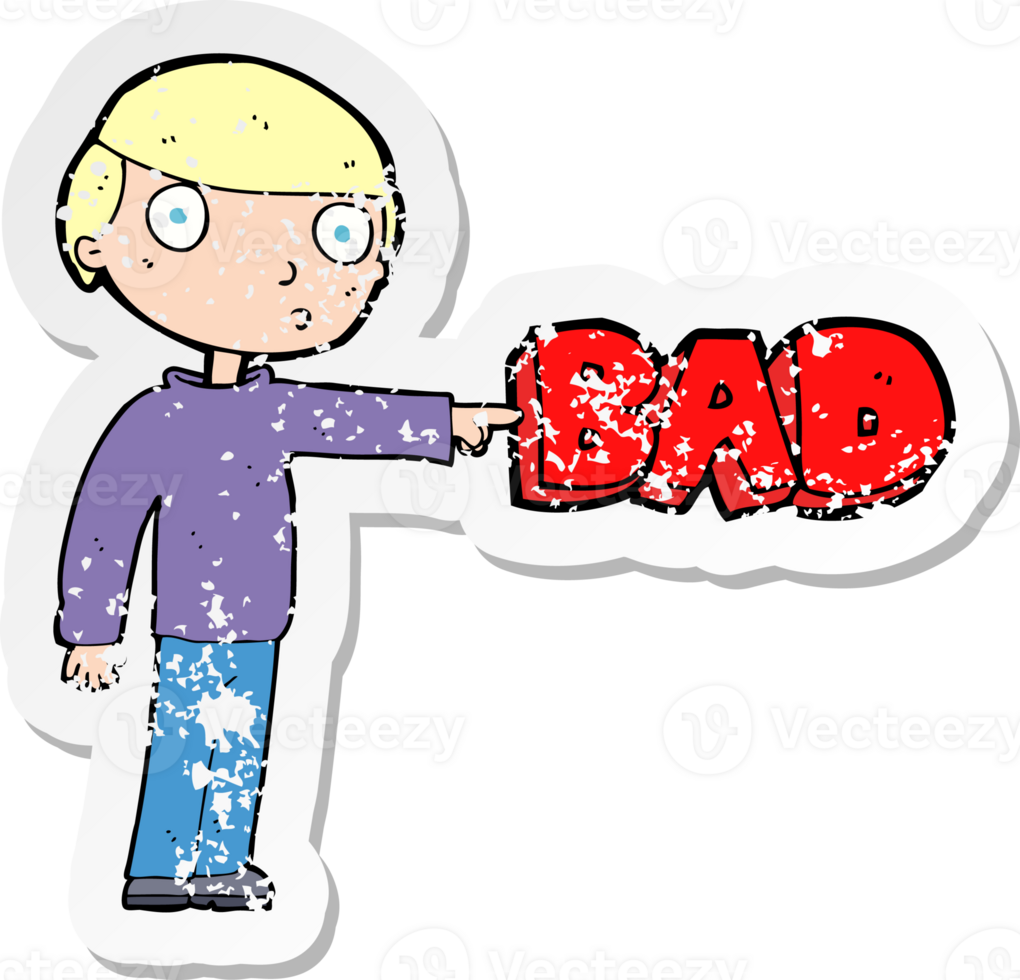 retro distressed sticker of a cartoon man pointing out the bad png