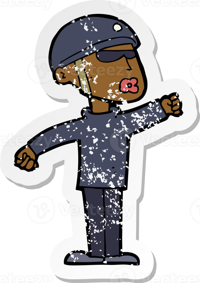 retro distressed sticker of a cartoon security guy png