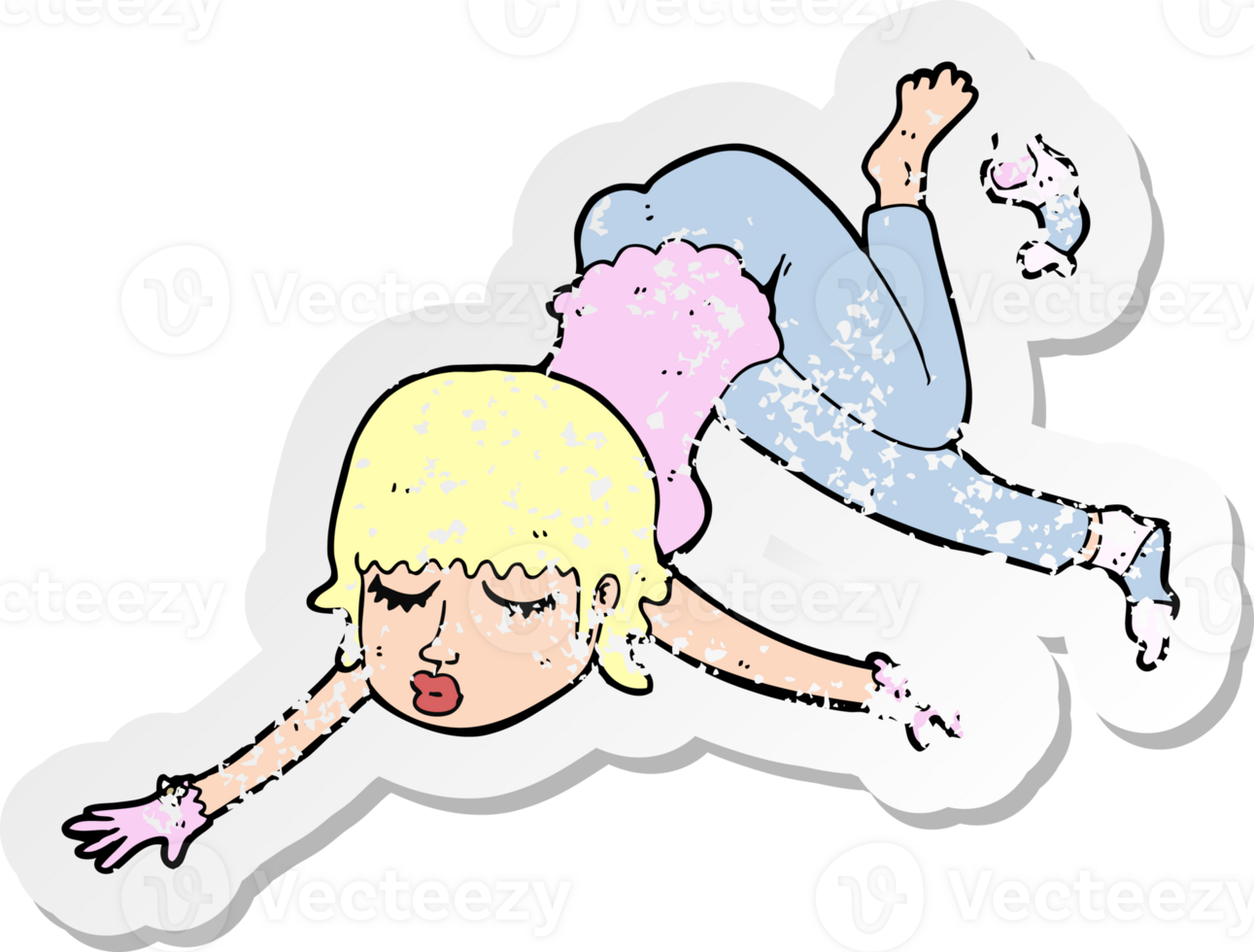 retro distressed sticker of a cartoon woman floating png