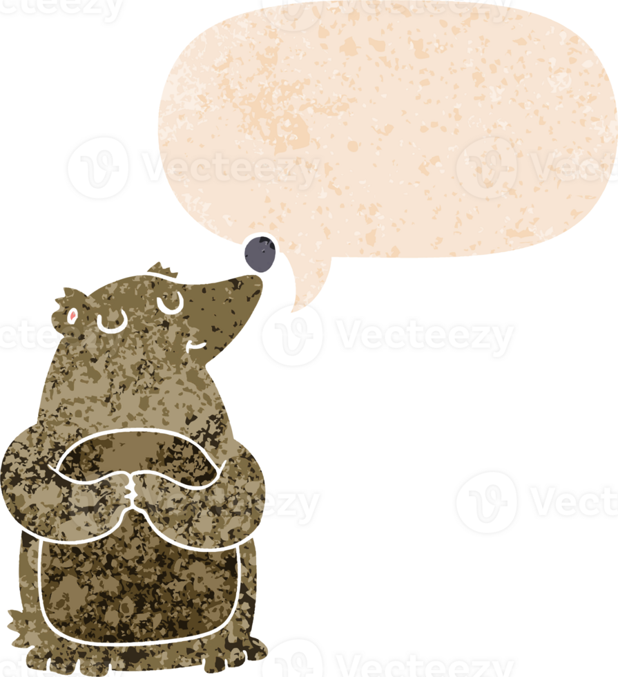 cartoon bear with speech bubble in grunge distressed retro textured style png