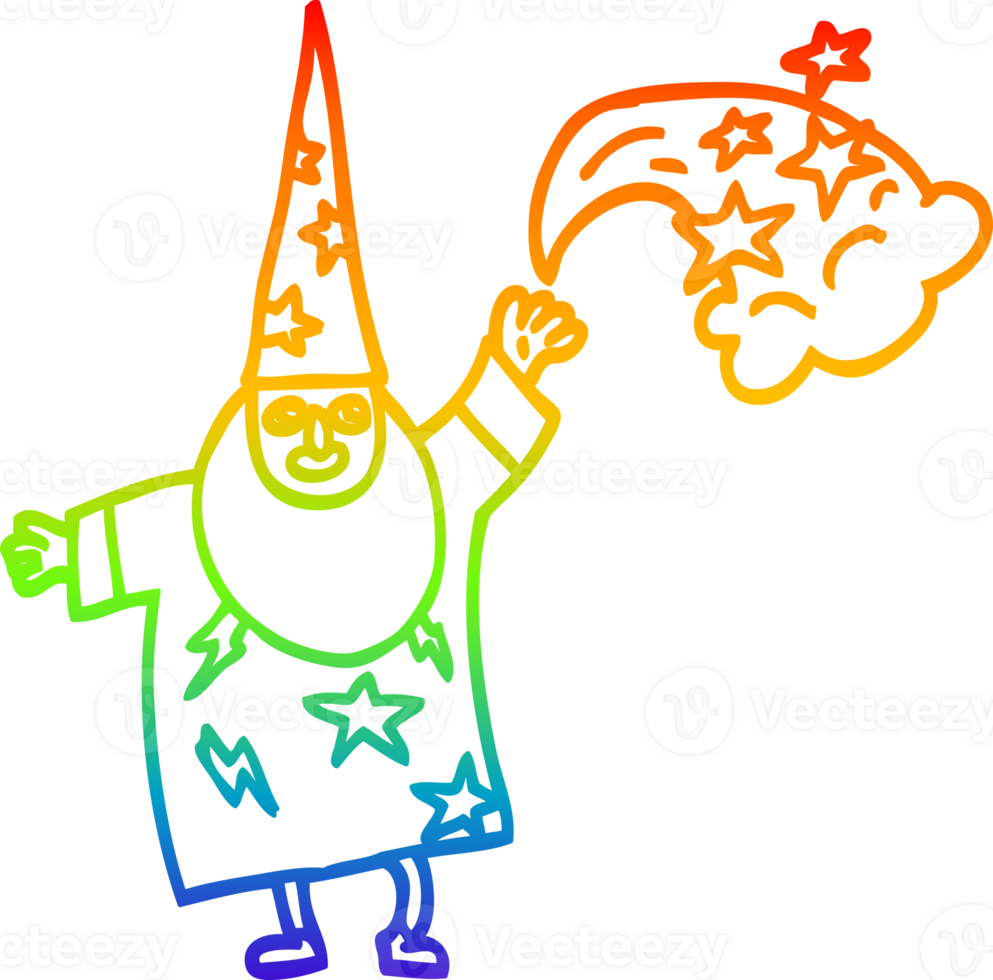 rainbow gradient line drawing of a cartoon wizard casting spell png