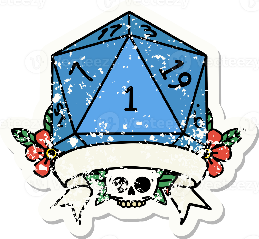 grunge sticker of a natural one d20 dice roll png