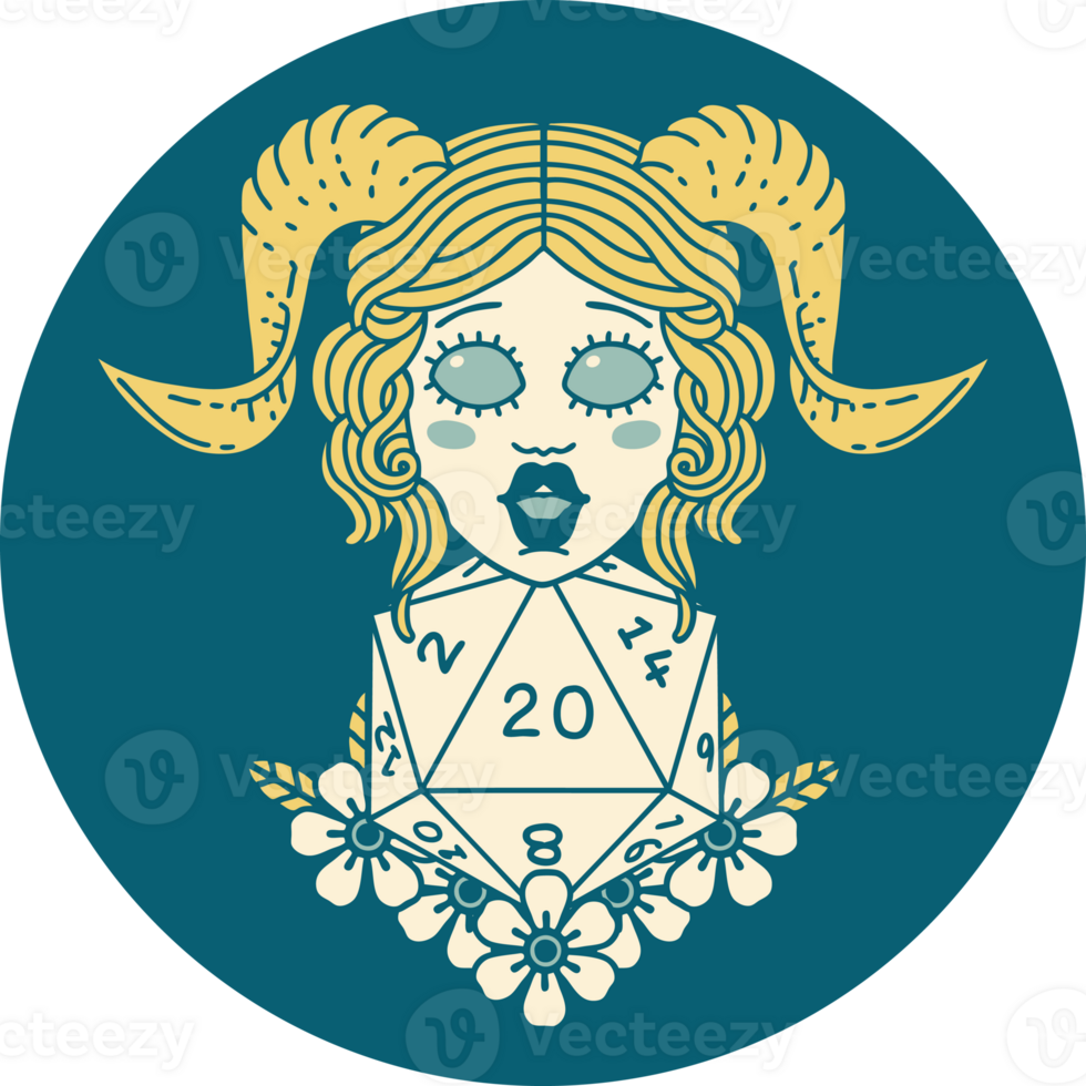 icon of tiefling with natural twenty dice roll png