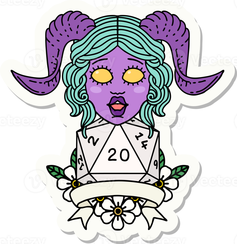 sticker of a tiefling with natural twenty dice roll png