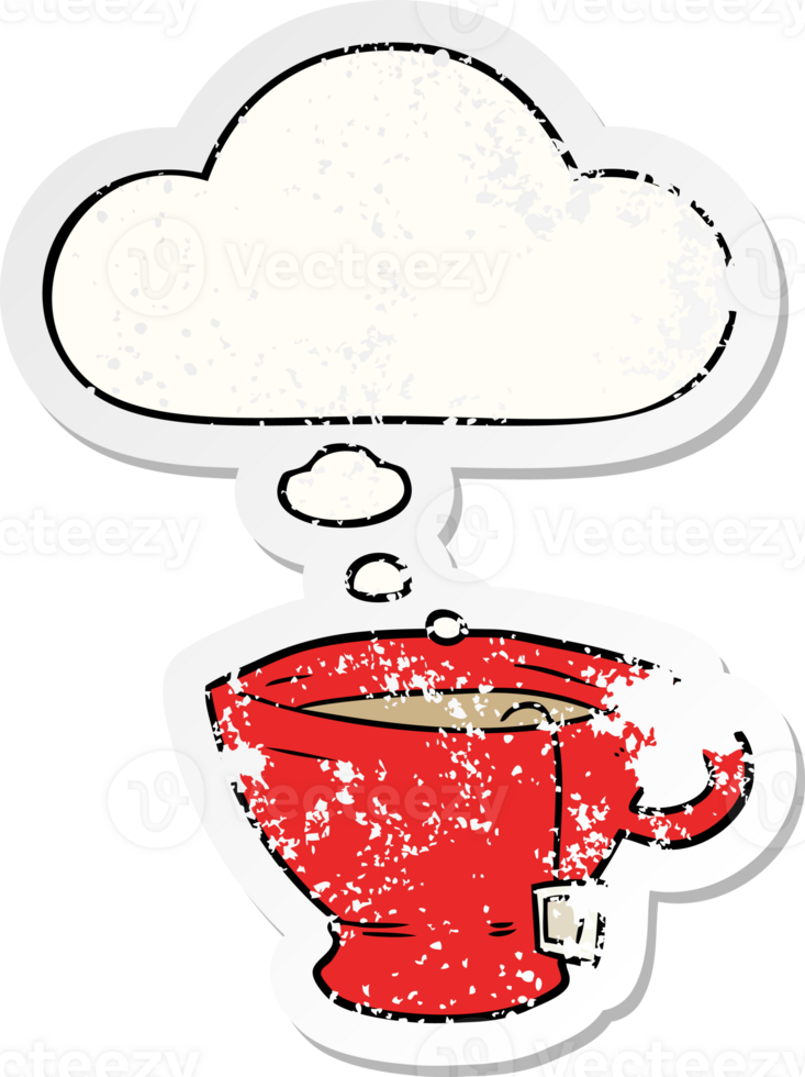 cartoon cup of tea with thought bubble as a distressed worn sticker png