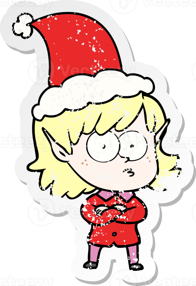 hand drawn distressed sticker cartoon of a elf girl staring wearing santa hat png