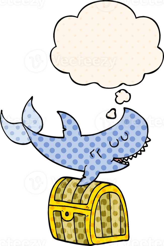 cartoon shark swimming over treasure chest with thought bubble in comic book style png