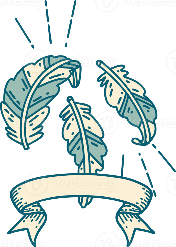 scroll banner with tattoo style feathers floating png