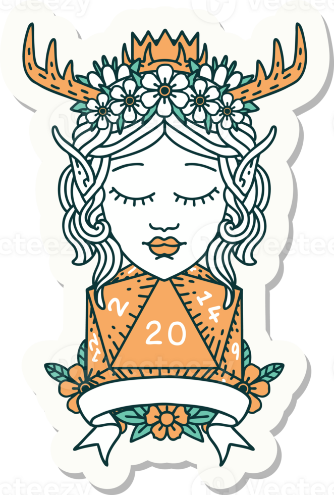 sticker of a elf druid character with natural 20 dice roll png