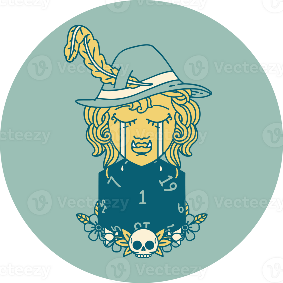 Retro Tattoo Style crying bard orc bard character with natural one D20 roll png