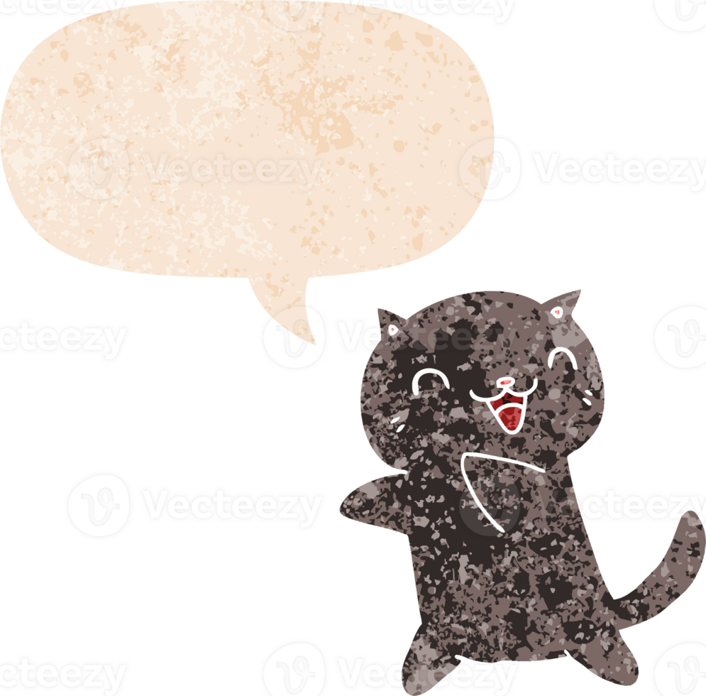 cartoon cat with speech bubble in grunge distressed retro textured style png