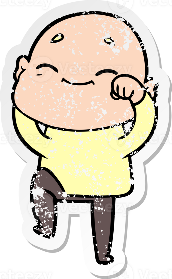 distressed sticker of a happy cartoon bald man png