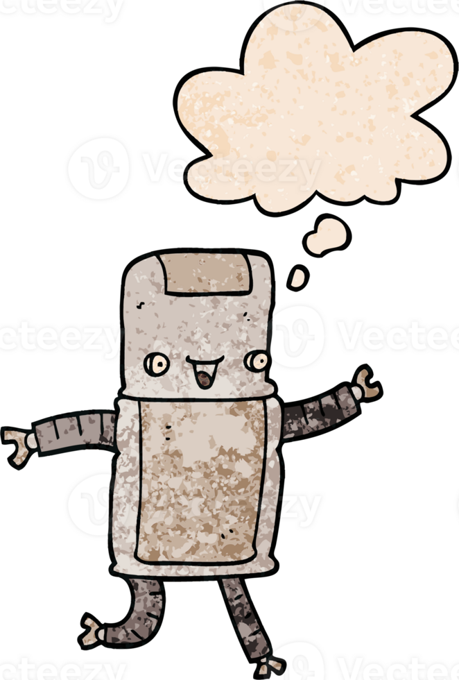 cartoon robot with thought bubble in grunge texture style png