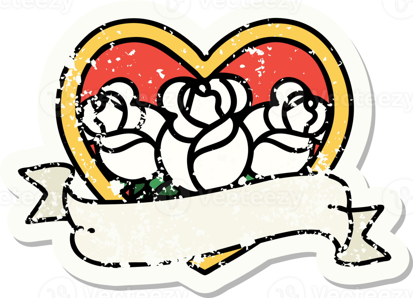distressed sticker tattoo in traditional style of a heart and banner with flowers png
