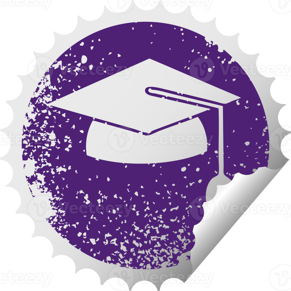 distressed circular peeling sticker symbol of a graduation cap png
