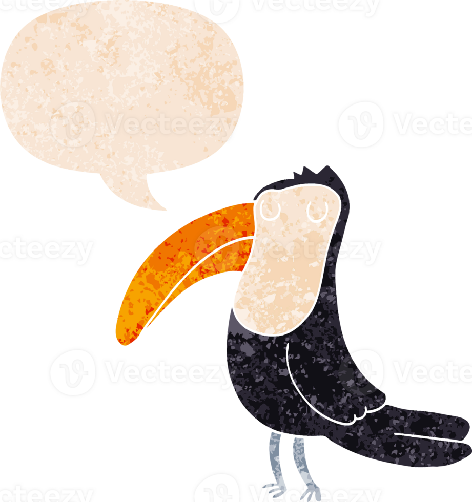 cartoon toucan with speech bubble in grunge distressed retro textured style png