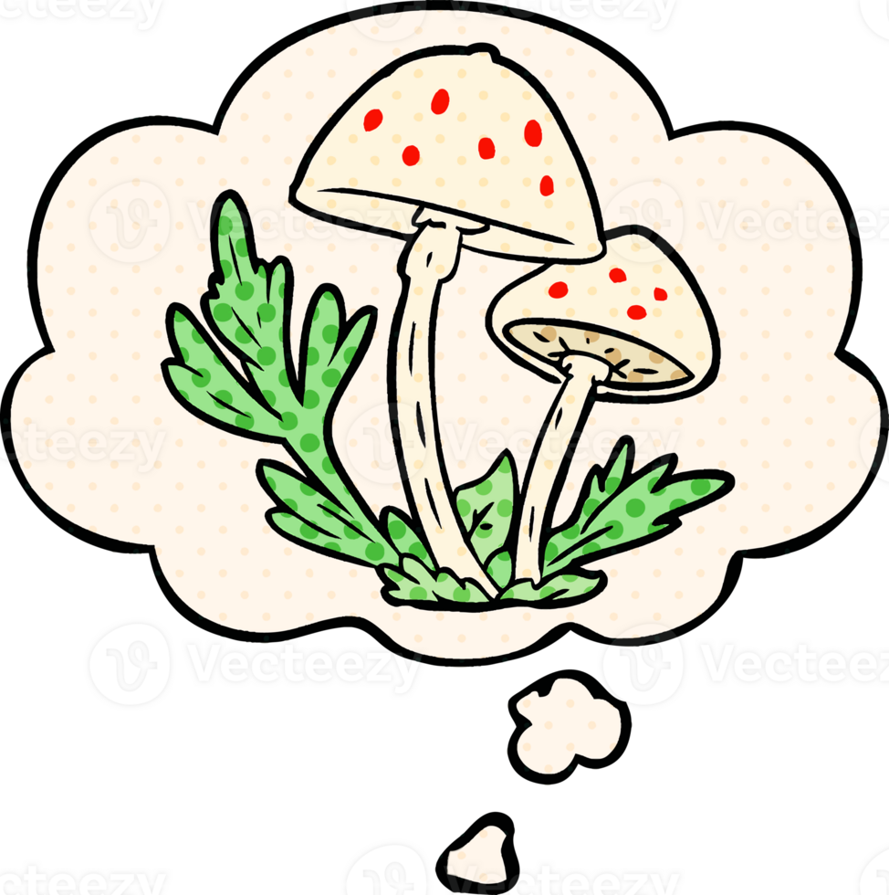 cartoon mushrooms with thought bubble in comic book style png