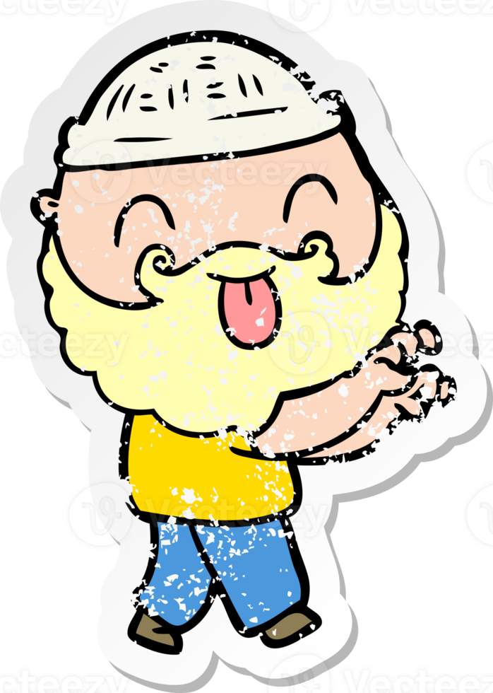 distressed sticker of a man with beard sticking out tongue png