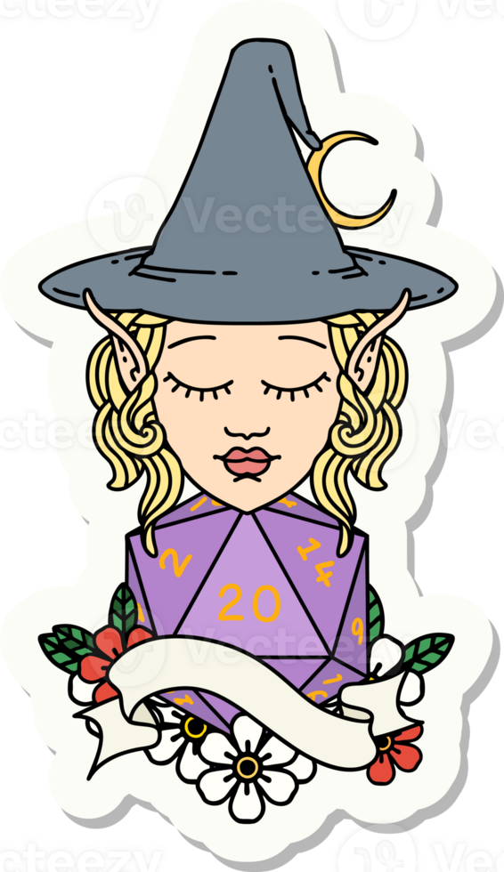 sticker of a elf mage character with natural twenty dice roll png