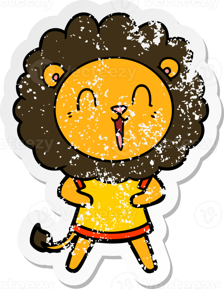 distressed sticker of a laughing lion cartoon png