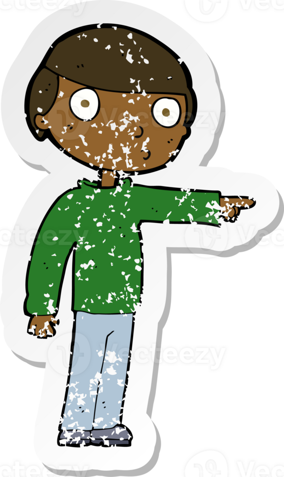 retro distressed sticker of a cartoon man pointing png