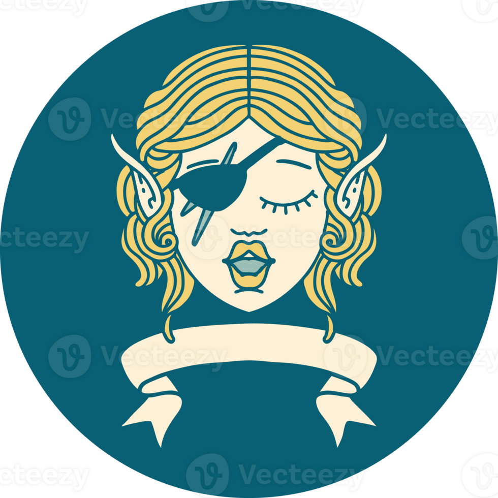 Retro Tattoo Style elf rogue character face with banner png