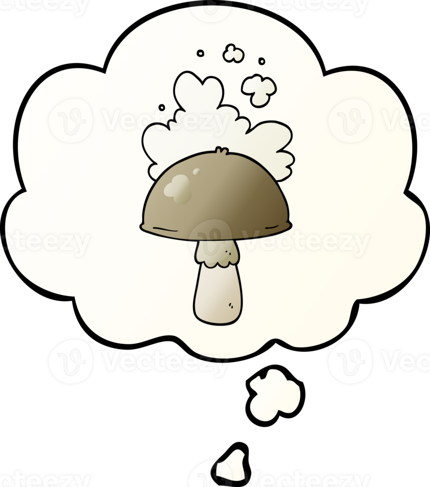 cartoon mushroom with spore cloud with thought bubble in smooth gradient style png