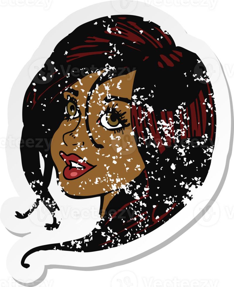 retro distressed sticker of a cartoon pretty female face png