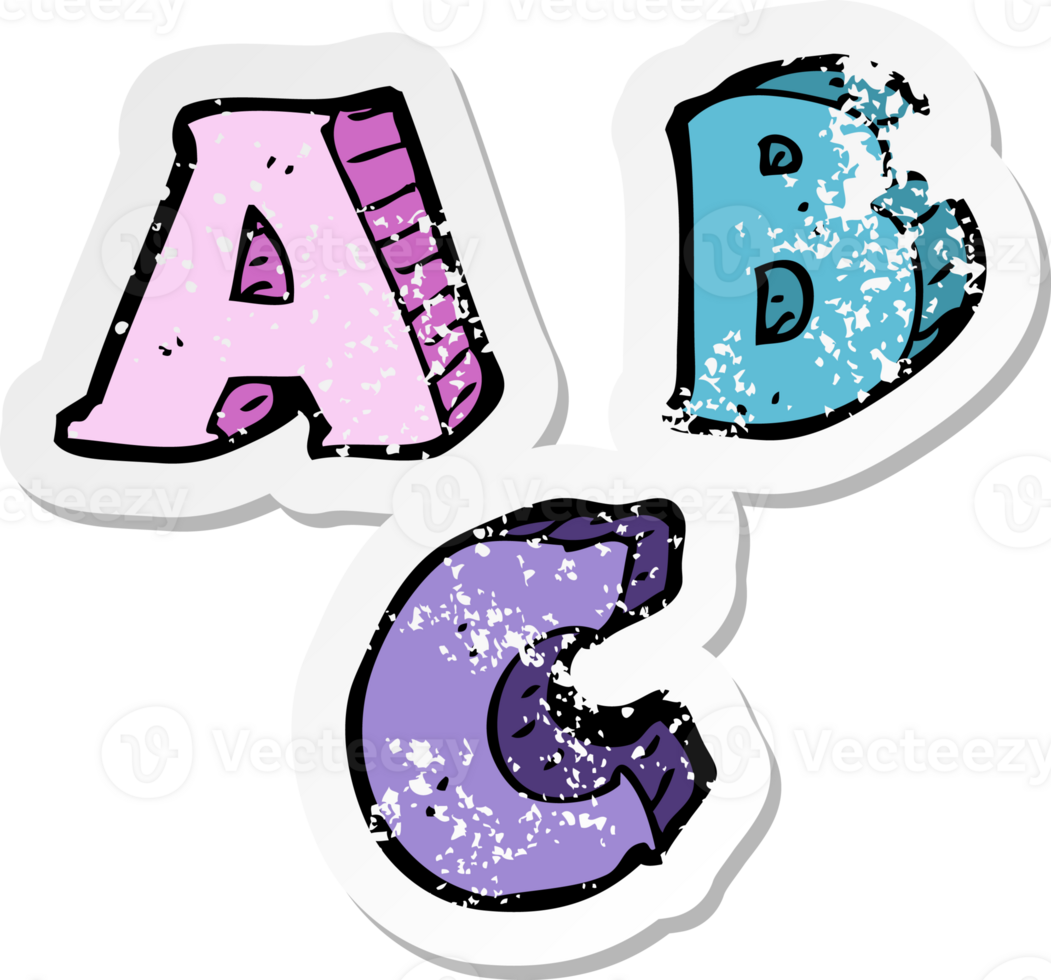 retro distressed sticker of a cartoon ABC letters png