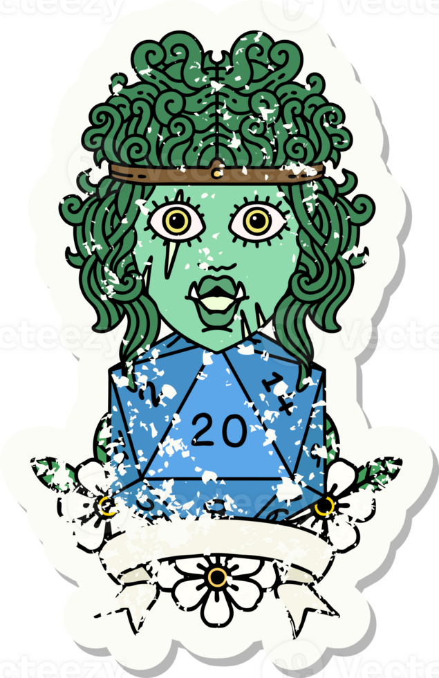 grunge sticker of a half orc barbarian character with natural 20 dice roll png