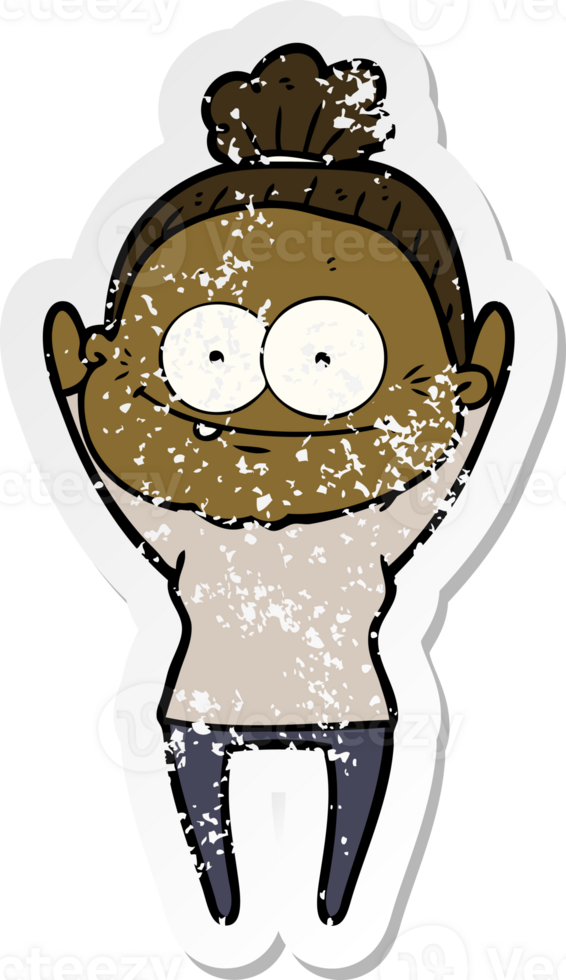 distressed sticker of a cartoon happy old woman png