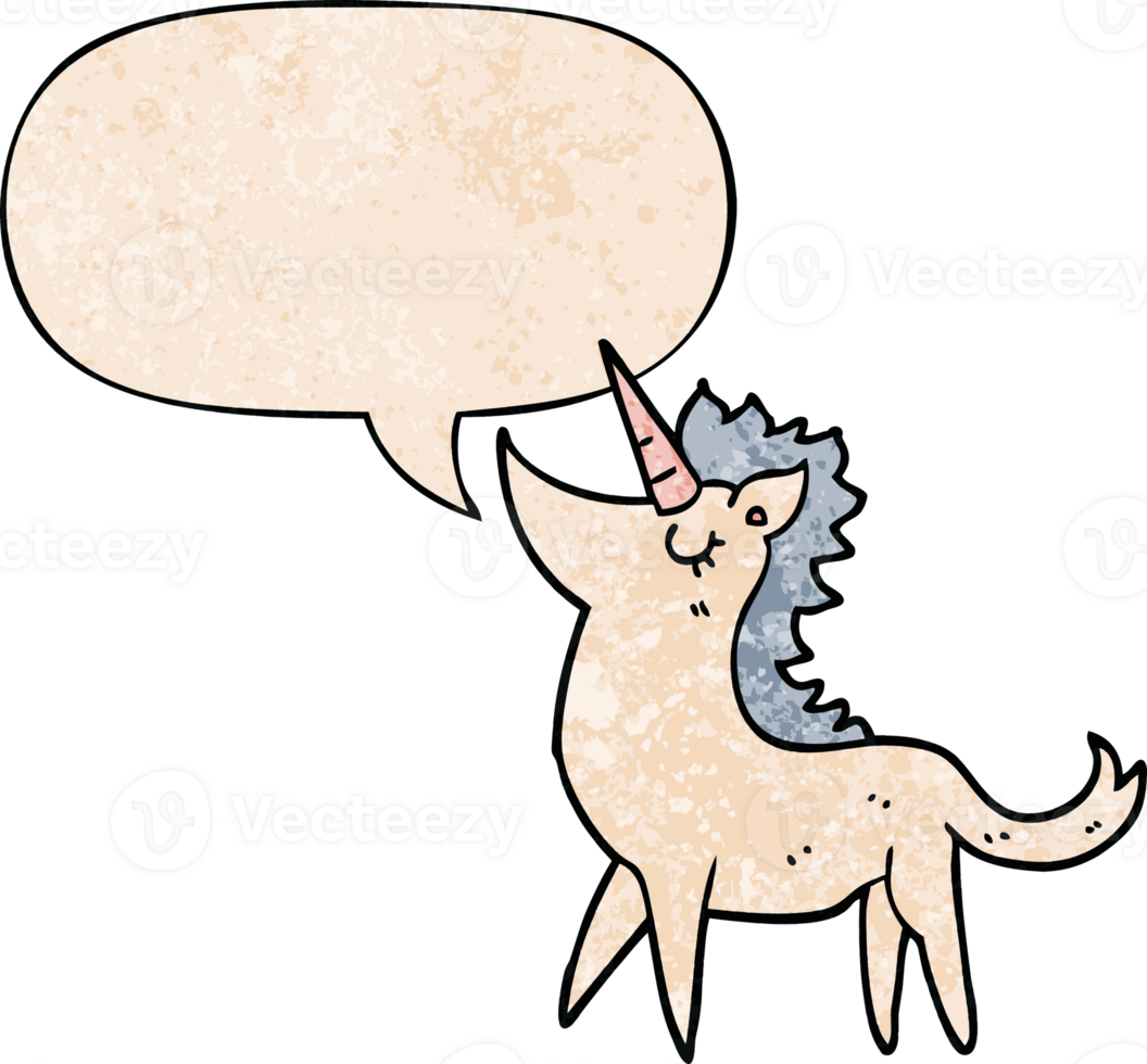 cartoon unicorn with speech bubble in retro texture style png