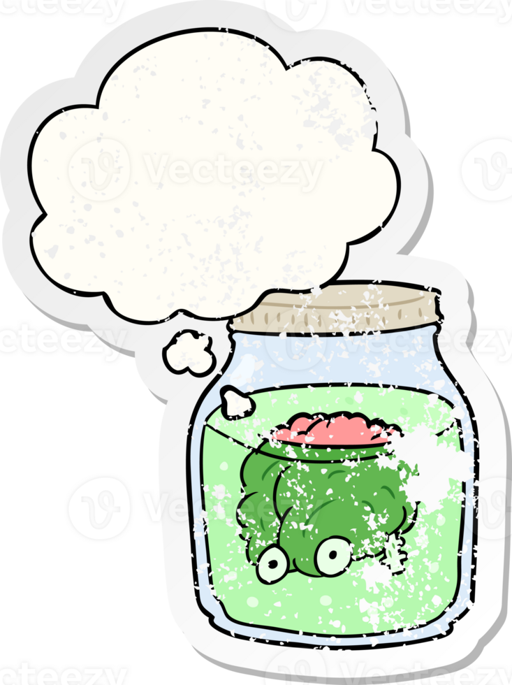 cartoon spooky brain in jar with thought bubble as a distressed worn sticker png
