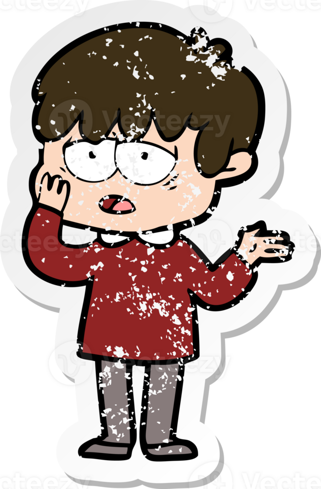 distressed sticker of a cartoon exhausted boy png