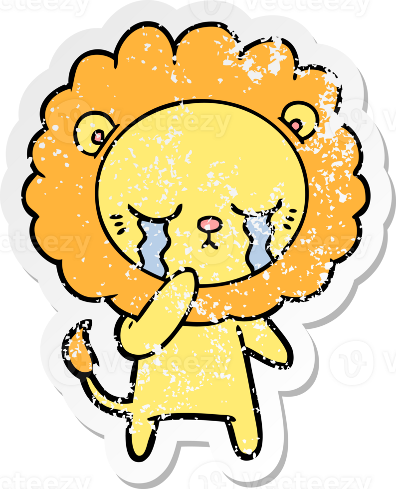 distressed sticker of a crying cartoon lion png