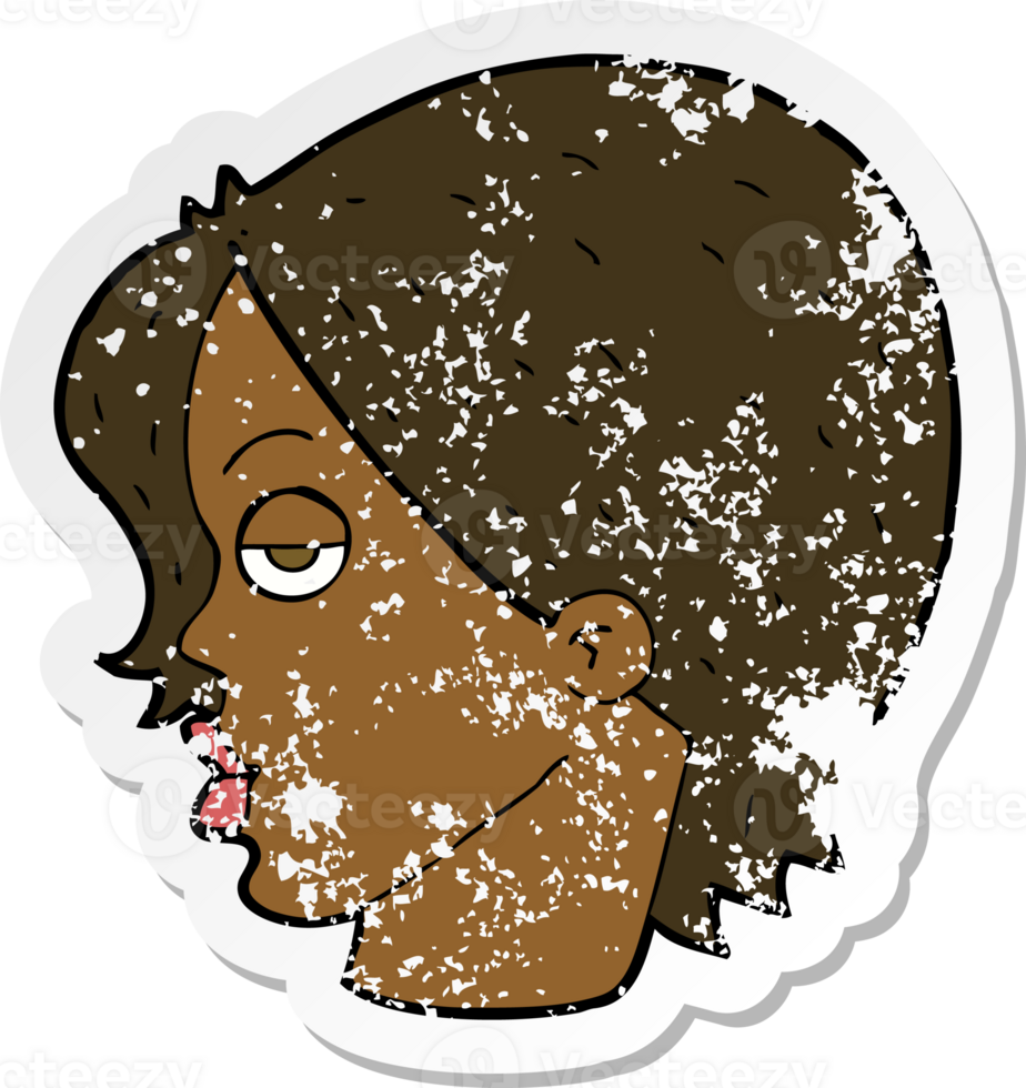 retro distressed sticker of a cartoon woman raising eyebrow png