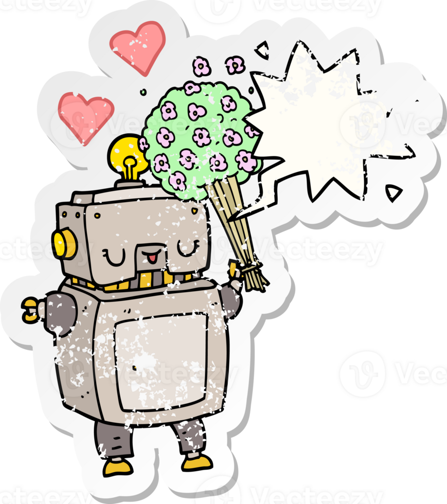 cartoon robot in love with speech bubble distressed distressed old sticker png