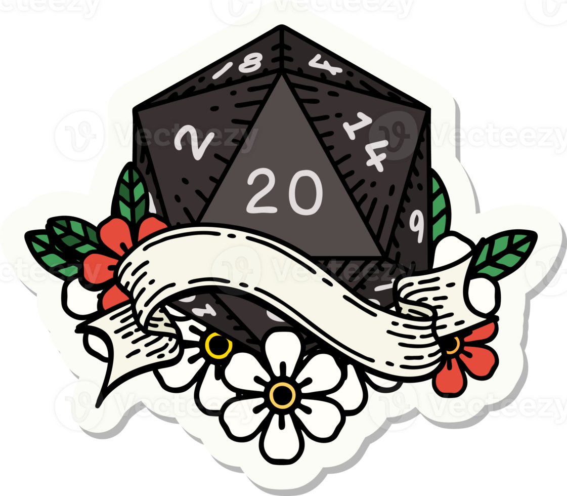 sticker of a natural twenty D20 dice roll png
