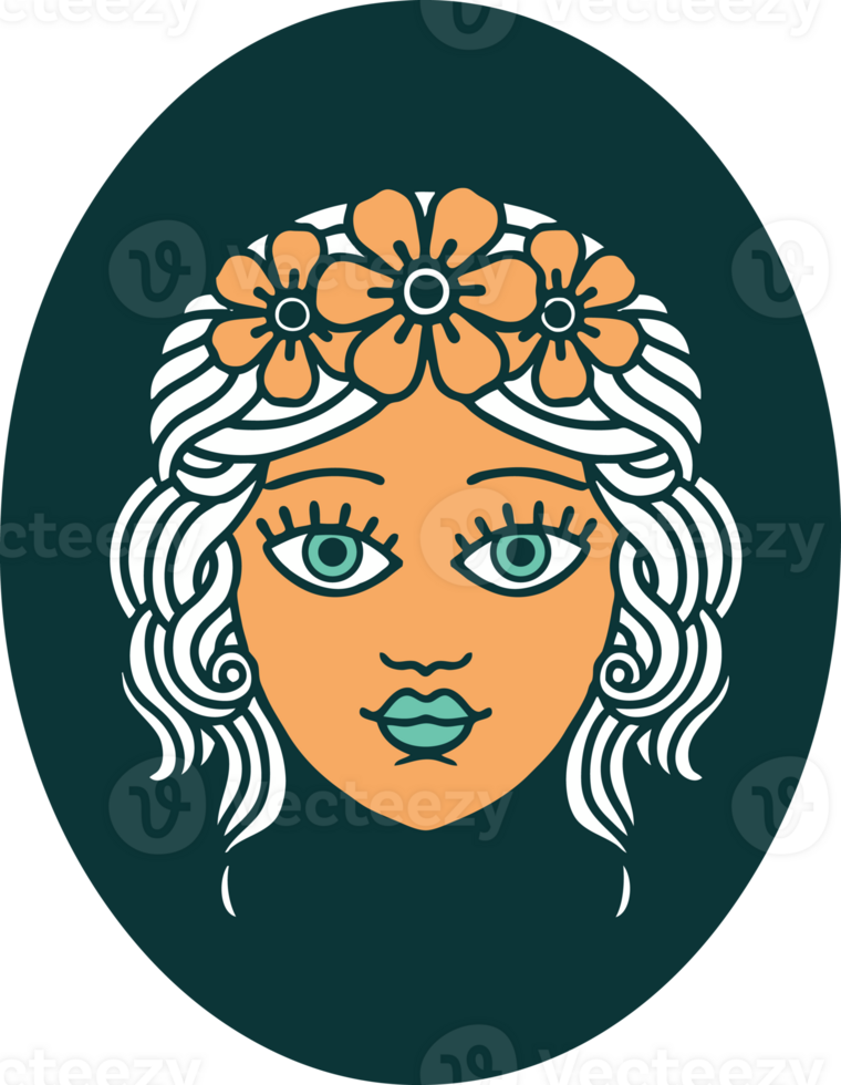 ikonisches Bild im Tattoo-Stil eines Mädchens mit Blumenkrone png