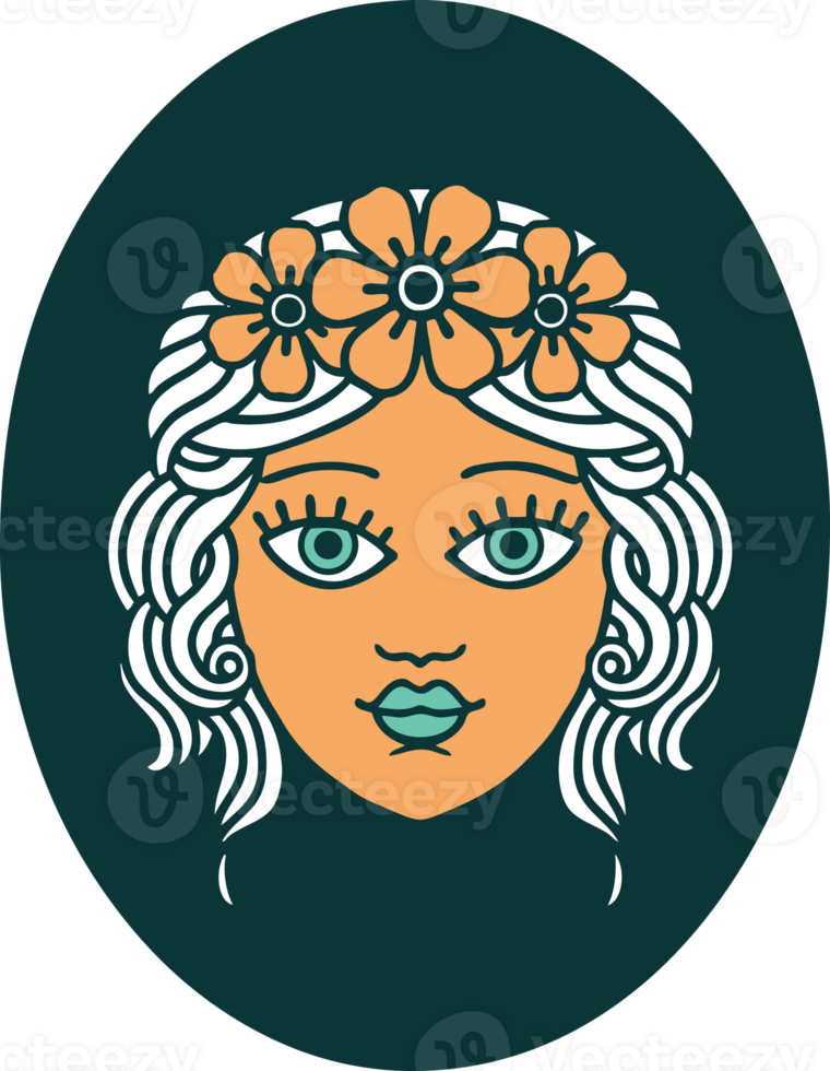 iconic tattoo style image of a maiden with crown of flowers png