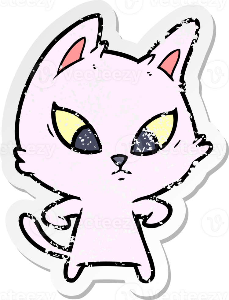 distressed sticker of a confused cartoon cat png