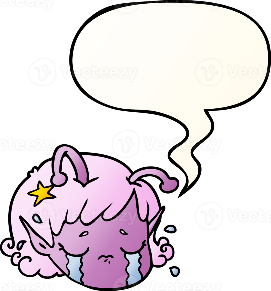 cartoon alien space girl face crying with speech bubble in smooth gradient style png