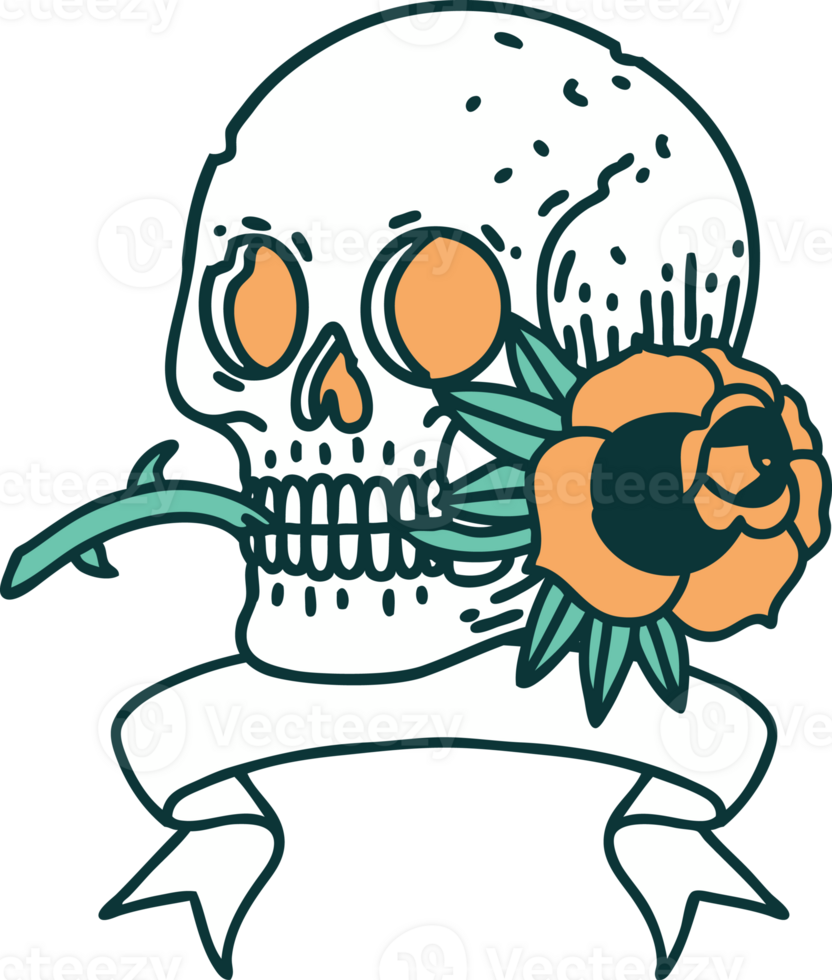 traditional tattoo with banner of a skull and rose png