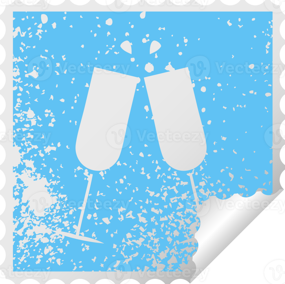 distressed square peeling sticker symbol of a clinking champagne flutes png