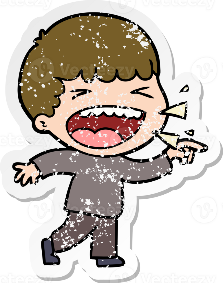 distressed sticker of a cartoon laughing man png
